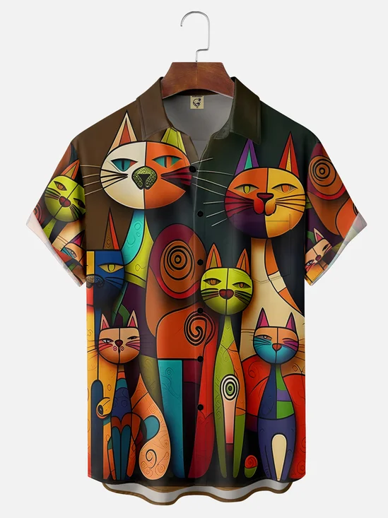 Moisture-wicking Art Abstract Cat Chest Pocket Hawaiian Shirt