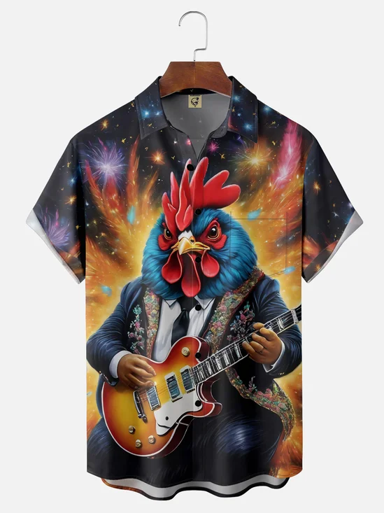 Moisture-wicking Fun Music Rooster Chest Pocket Hawaiian Shirt