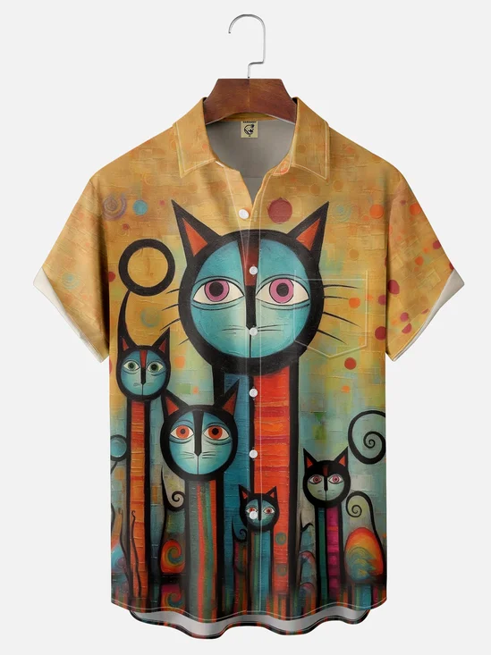 Moisture-wicking Cat Art Painted Chest Pocket Hawaiian Shirt
