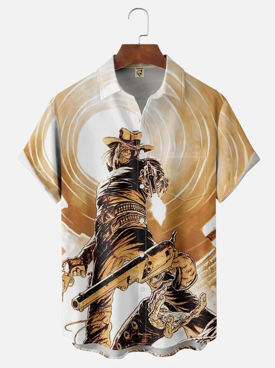 Moisture-wicking Denim Illustration Chest Pocket Hawaiian Shirt