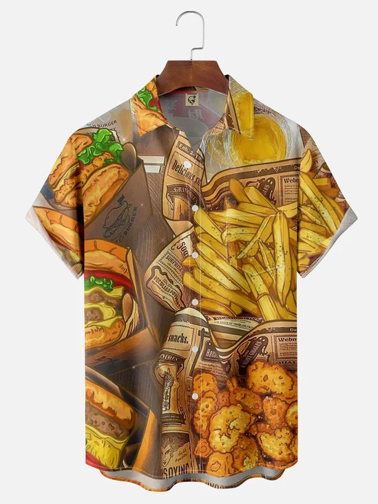 Moisture-wicking French Fries Burger Painting Chest Pocket Hawaiian Shirt