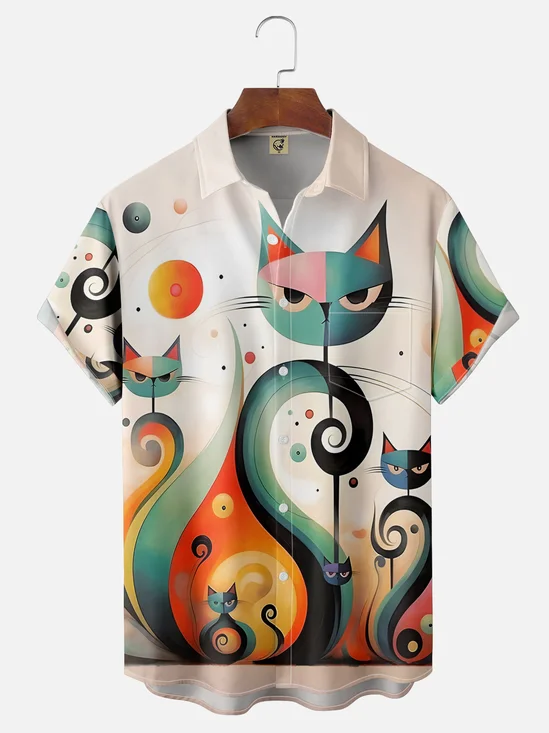 Moisture-wicking Art Abstract Cat Chest Pocket Hawaiian Shirt