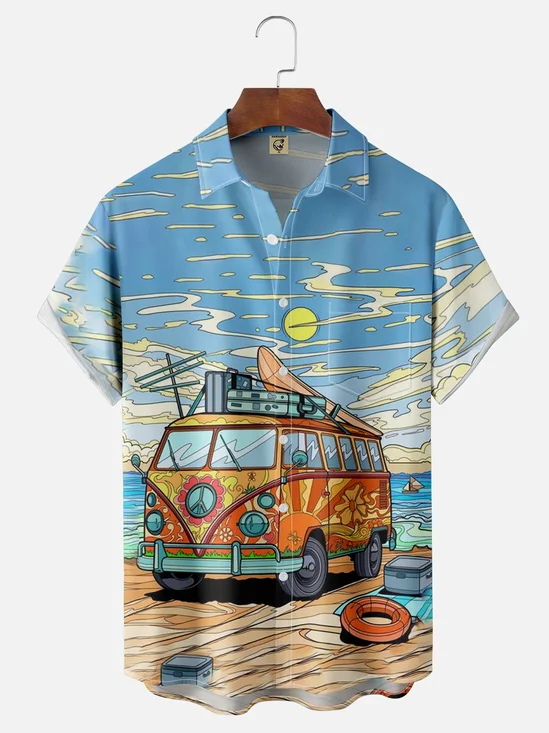 Moisture-wicking Beach Car Art Painted Chest Pocket Hawaiian Shirt