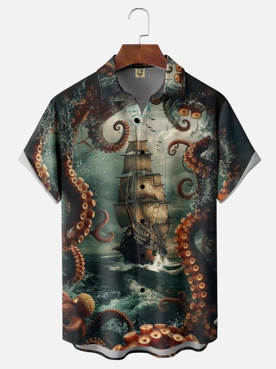 Moisture-wicking Pirate Ship Art Painting Chest Pocket Hawaiian Shirt