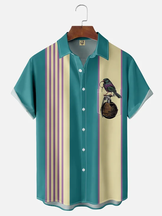Moisture-wicking Bird Art Illustration Chest Pocket Bowling Shirt