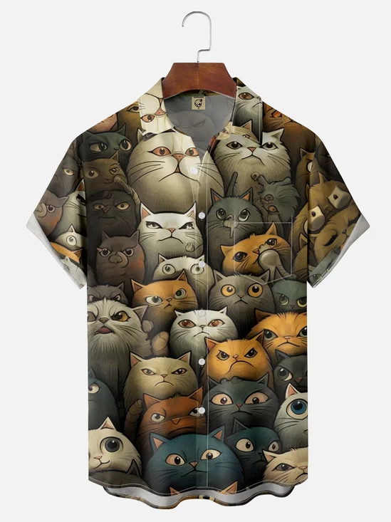 Moisture-wicking Cat Art Painting Chest Pocket Hawaiian Shirt