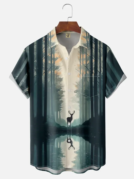 Moisture-wicking Forest Deer Chest Pocket Hawaiian Shirt