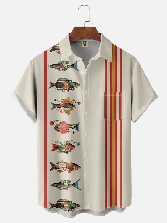 Moisture-wicking Fish Art Painting Chest Pocket Bowling Shirt
