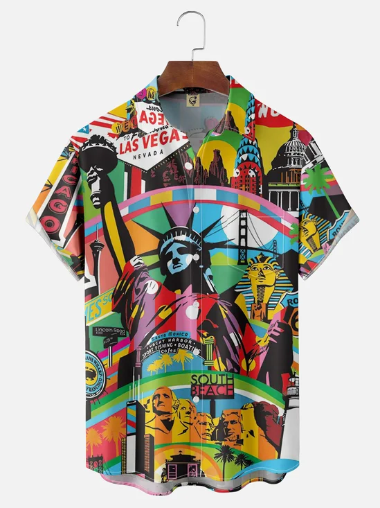 Moisture-wicking Statue Of Liberty Illustration Chest Pocket Hawaiian Shirt