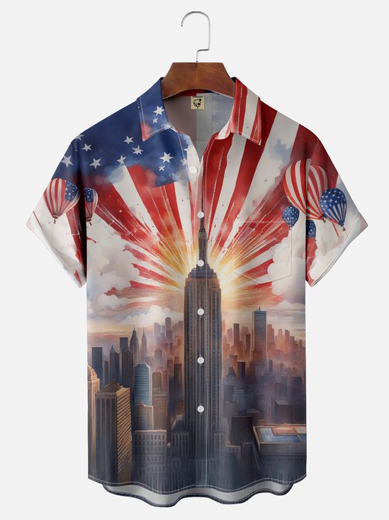 Moisture-wicking American Flag Painted Chest Pocket Hawaiian Shirt