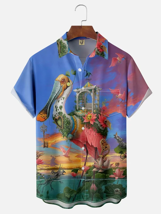 Moisture-wicking Big Bird Art Painting Chest Pocket Hawaiian Shirt