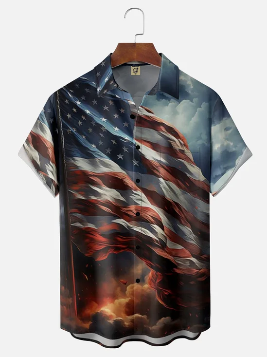 Moisture-wicking American Flag Illustration Chest Pocket Hawaiian Shirt