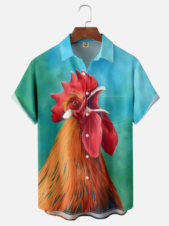 Moisture-wicking Rooster Chest Pocket Hawaiian Shirt