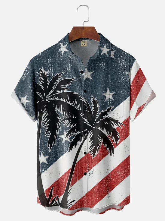 Moisture-wicking American Flag Coconut Chest Pocket Hawaiian Shirt