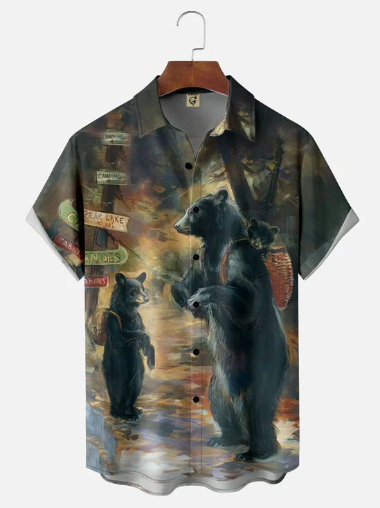 Moisture-wicking Bear Family Art Painting Chest Pocket Hawaiian Shirt
