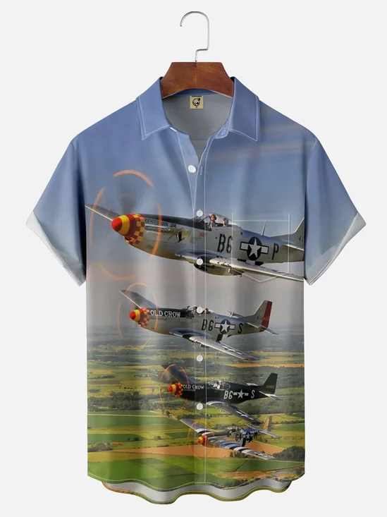 Moisture-wicking Fighter Plane Painted Chest Pocket Hawaiian Shirt