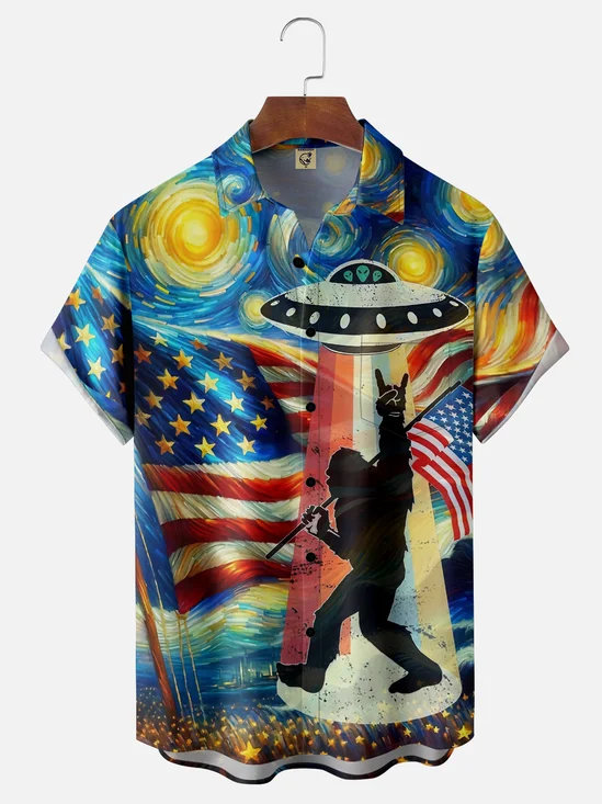 Moisture-wicking Oil Painting American Flag Chest Pocket Hawaiian Shirt