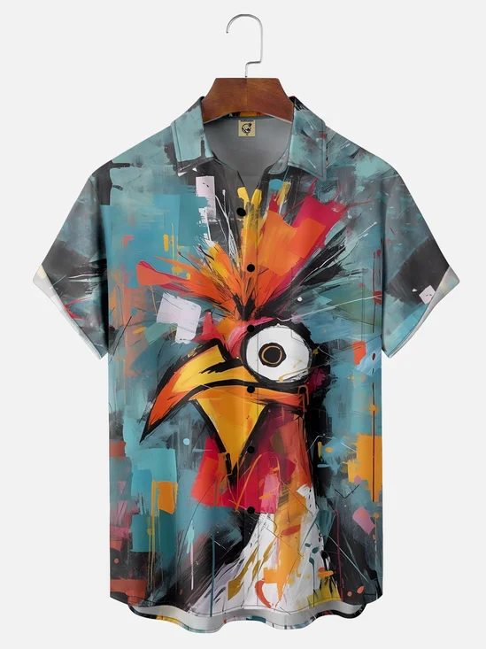 Moisture-wicking Art Abstract Rooster Chest Pocket Hawaiian Shirt