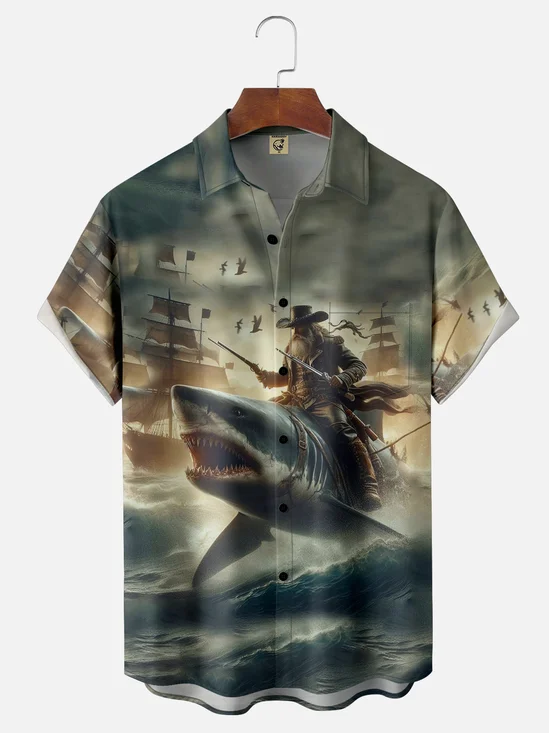 Moisture-wicking Pirate Art Painting Chest Pocket Hawaiian Shirt