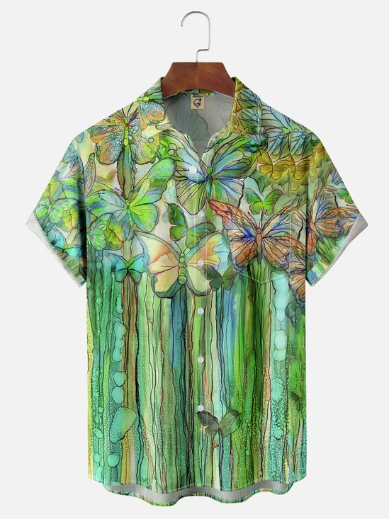 Moisture-wicking Butterfly Painted Chest Pocket Hawaiian Shirt