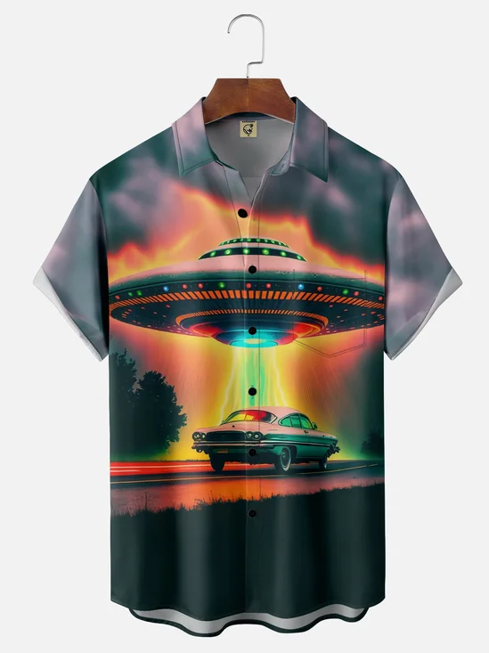 Moisture-wicking 3D Gradient Color UFO Car Chest Pocket Hawaiian Shirt