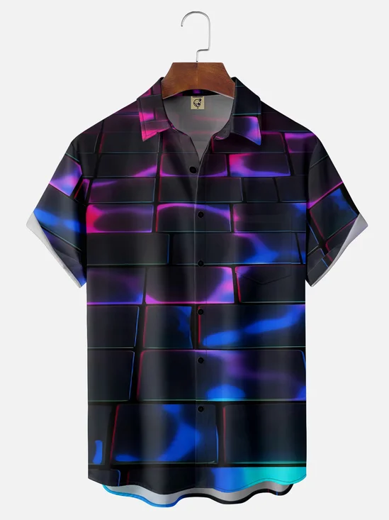Moisture-wicking Gradient Color Abstract Geometric Chest Pocket Hawaiian Shirt