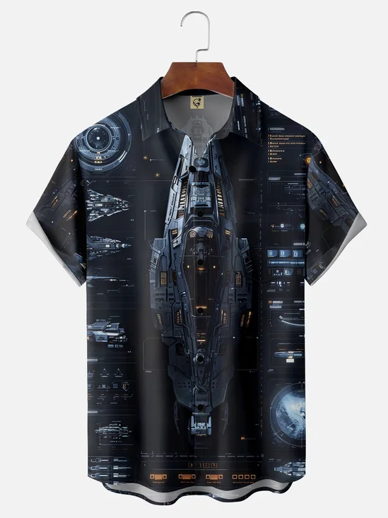 Moisture-wicking Technology Space Spaceship Chest Pocket Hawaiian Shirt
