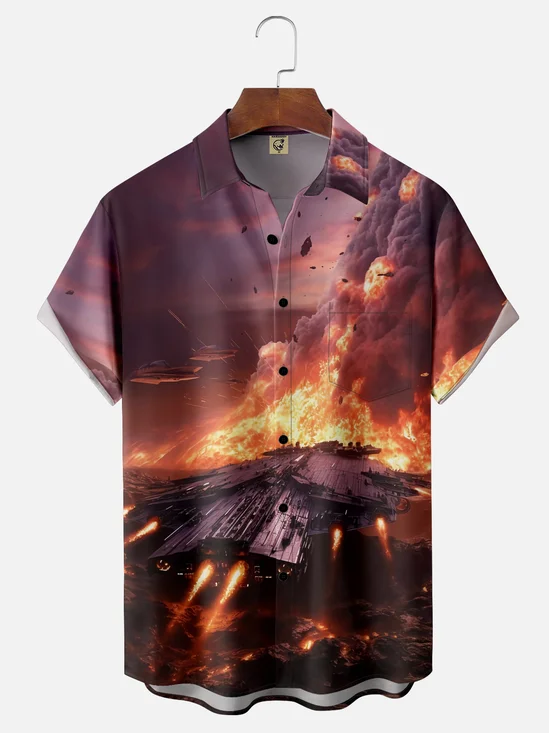 Moisture-wicking Space Battle Spaceship Chest Pocket Hawaiian Shirt