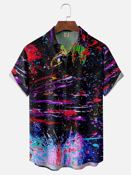 Moisture-wicking Abstract Art Stripes Chest Pocket Hawaiian Shirt
