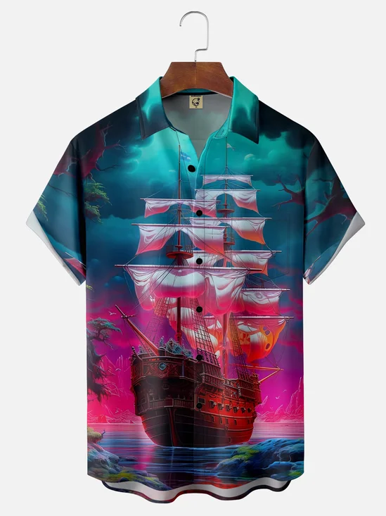 Moisture-wicking Seascape Sailboat Chest Pocket Hawaiian Shirt