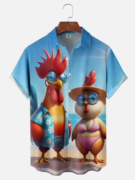Moisture-wicking Vacation Rooster Chest Pocket Hawaiian Shirt