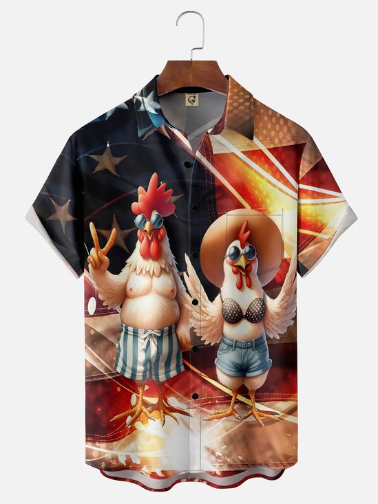 Moisture-wicking American Flag Fun Chicken Chest Pocket Hawaiian Shirt