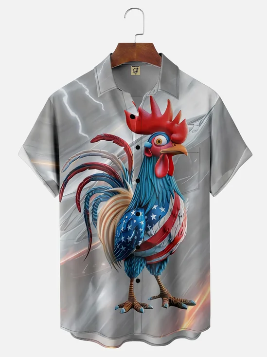 Moisture-wicking American Flag Rooster Chest Pocket Hawaiian Shirt