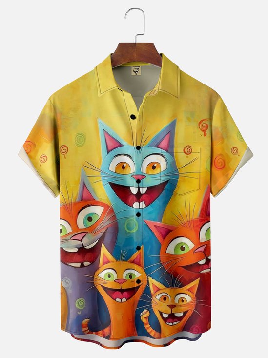 Moisture-wicking Abstract Cat Chest Pocket Hawaiian Shirt