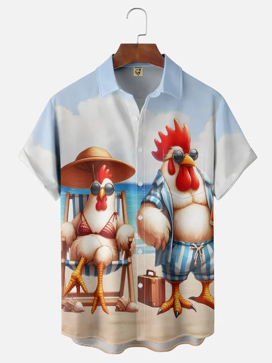Moisture-wicking Beach Chicken Chest Pocket Hawaiian Shirt