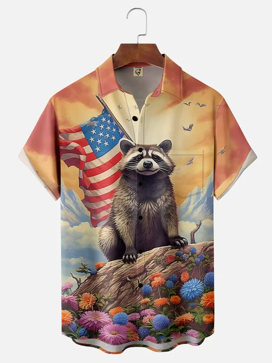 Moisture-wicking Raccoon American Flag Chest Pocket Hawaiian Shirt