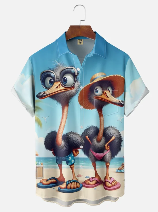 Moisture-wicking Funny Ostrich Chest Pocket Hawaiian Shirt