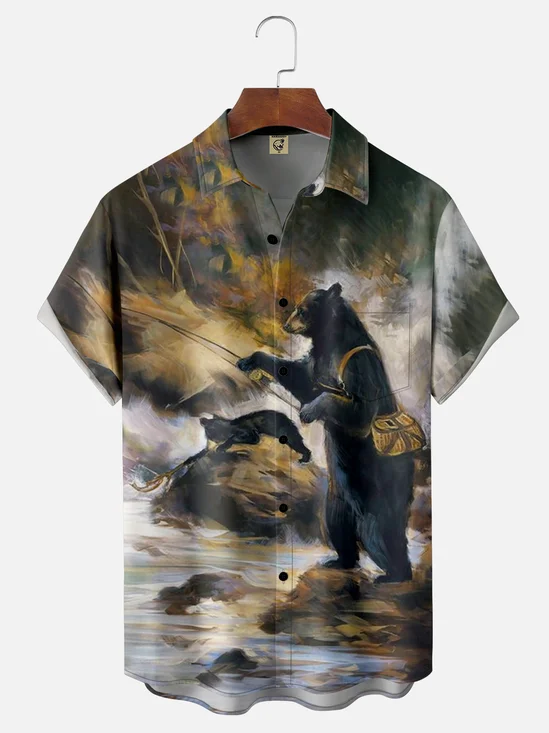 Moisture-wicking Funny Bear Fishing Chest Pocket Hawaiian Shirt