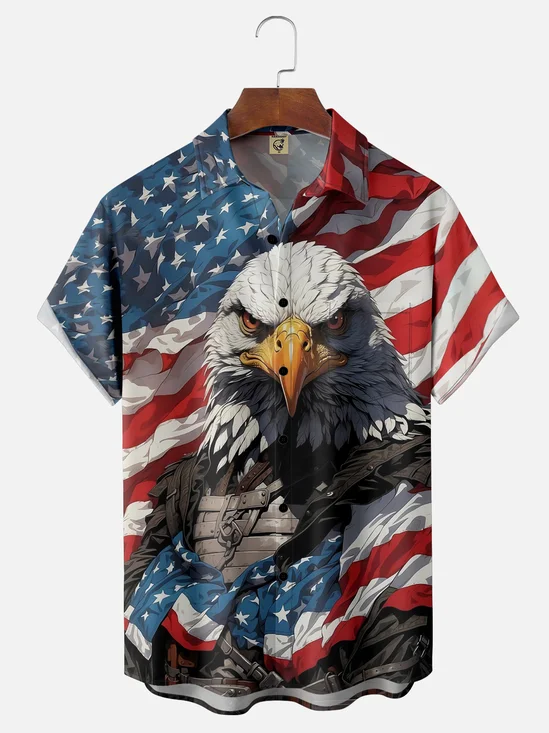Moisture-wicking American Flag Eagle Chest Pocket Hawaiian Shirt