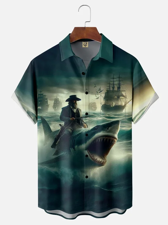 Moisture-wicking Shark Pirate Chest Pocket Hawaiian Shirt