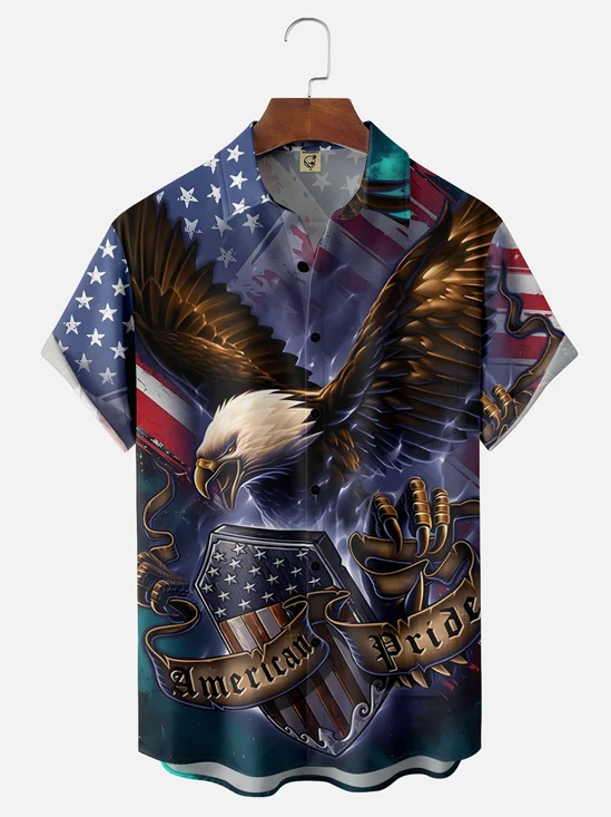 Moisture-wicking American Flag Eagle Chest Pocket Hawaiian Shirt