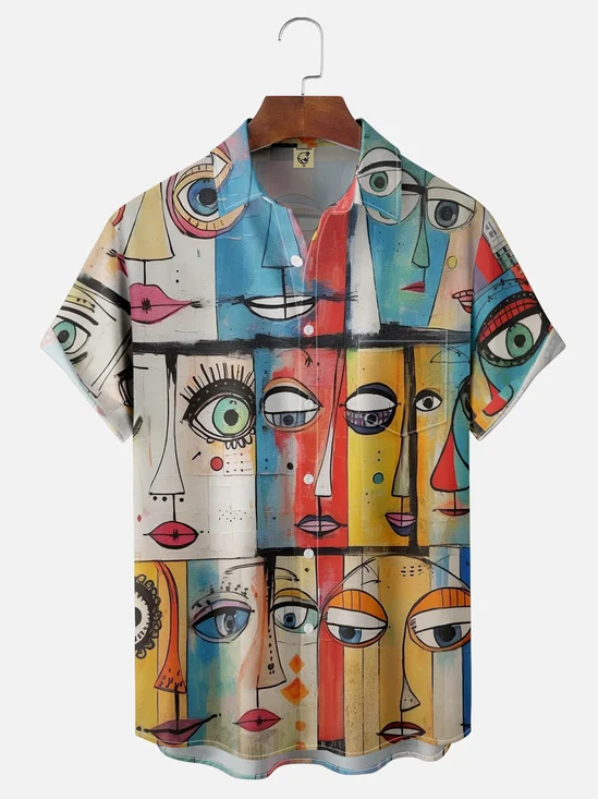 Moisture-wicking Abstract Portrait Chest Pocket Hawaiian Shirt