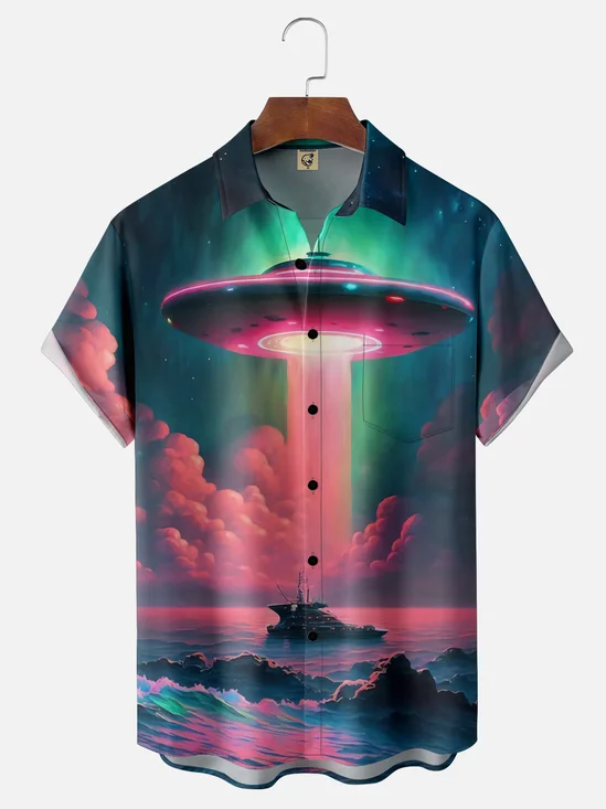 Moisture-wicking Gradient Color Space Spaceship Chest Pocket Hawaiian Shirt