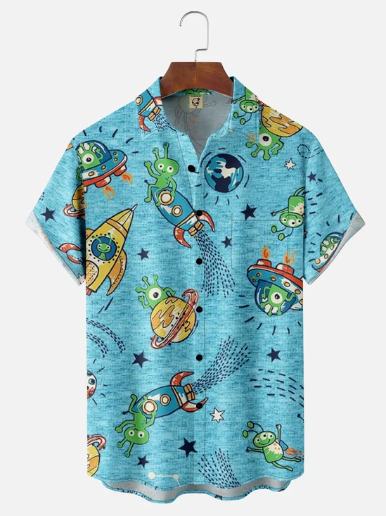 Moisture-wicking Space Alien Chest Pocket Hawaiian Shirt