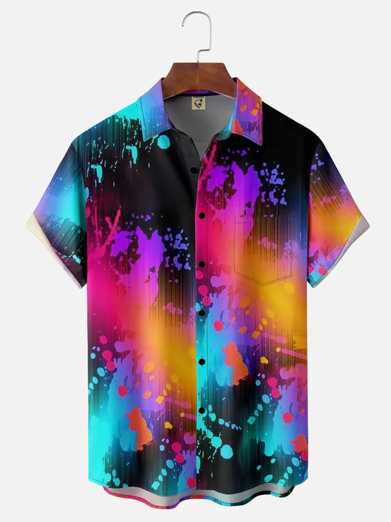 Moisture-wicking Gradient Color Abstract Stripe Chest Pocket Hawaiian Shirt