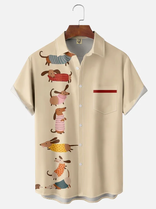 Moisture-wicking Puppy Flat Illustration Chest Pocket Bowling Shirt