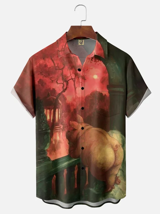 Moisture-wicking Pig Illustration Chest Pocket Hawaiian Shirt