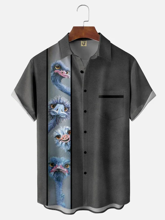 Moisture-wicking Abstract Ostrich Chest Pocket Bowling Shirt