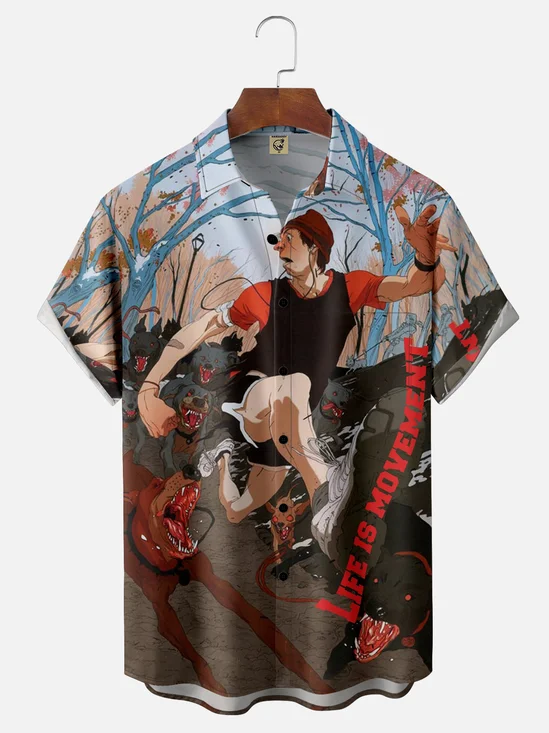 Moisture-wicking Running Day Illustration Chest Pocket Hawaiian Shirt