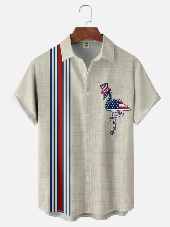 Moisture-wicking American Flag Flamingo Chest Pocket Bowling Shirt